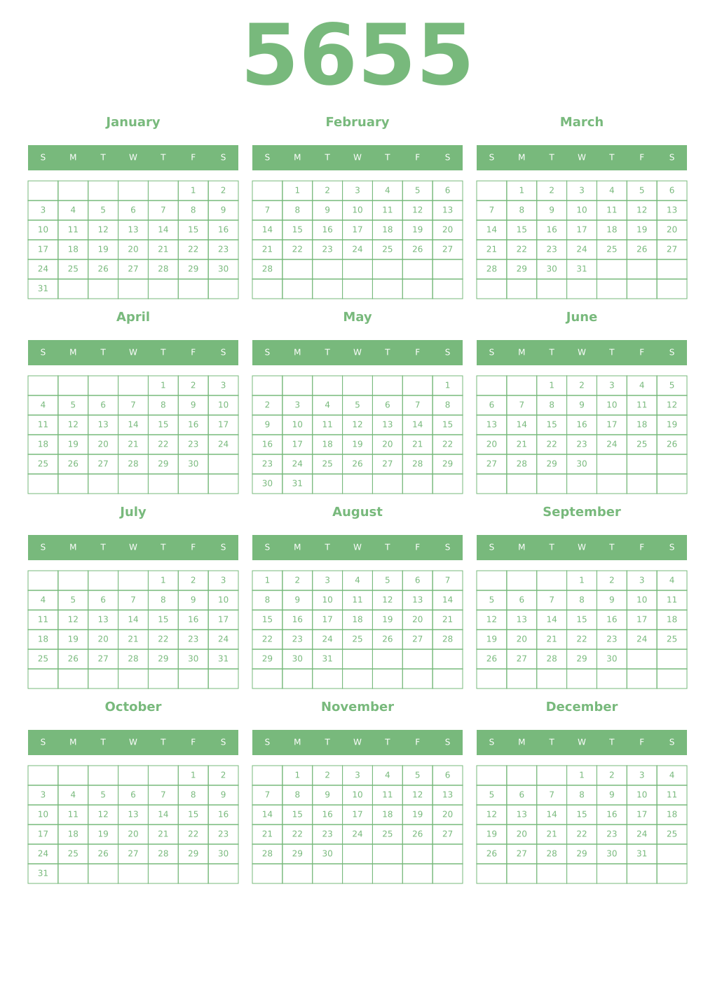 Printable 5655 Year Calendars celadon