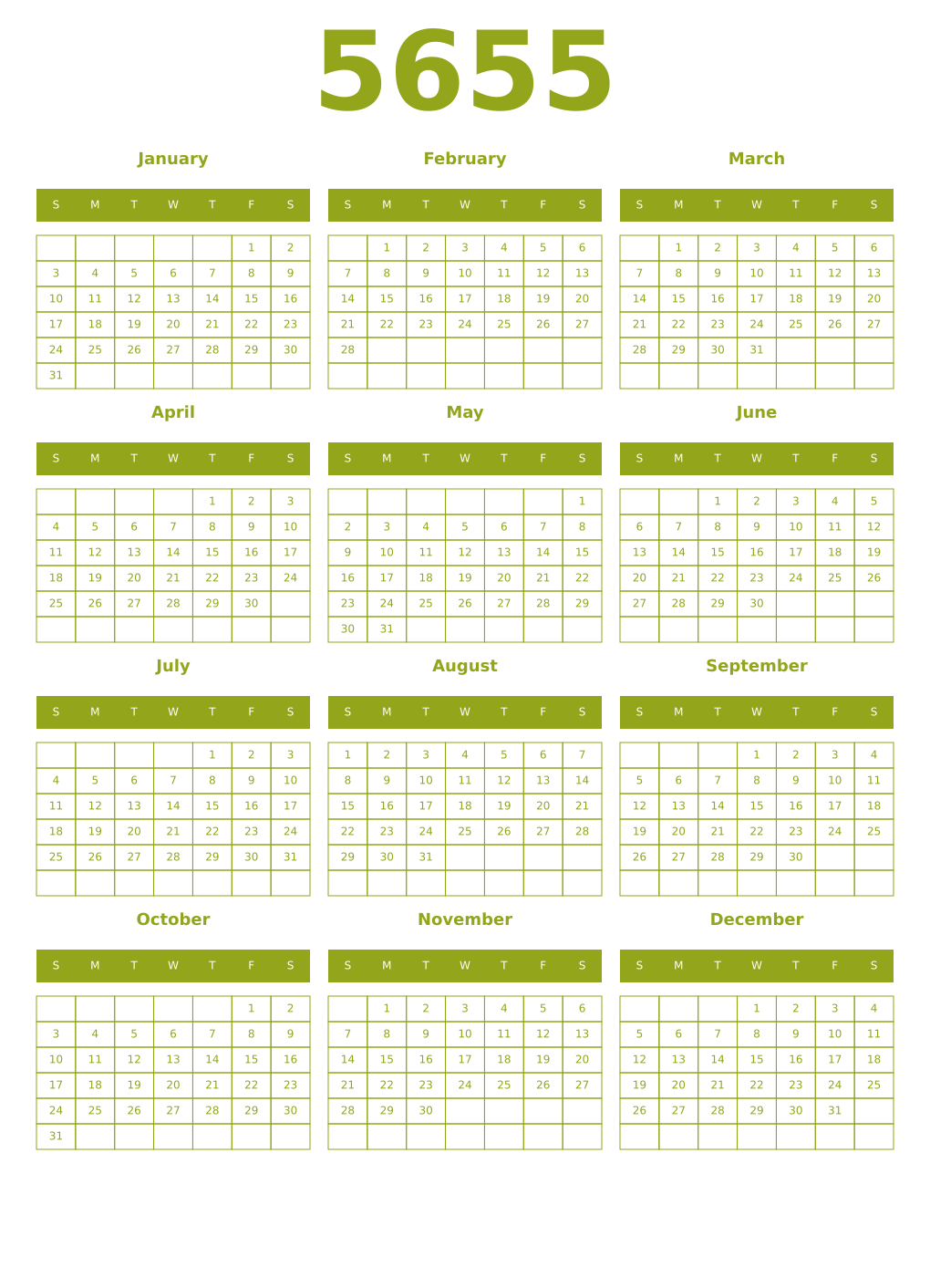 Printable 5655 Year Calendars chartreuse