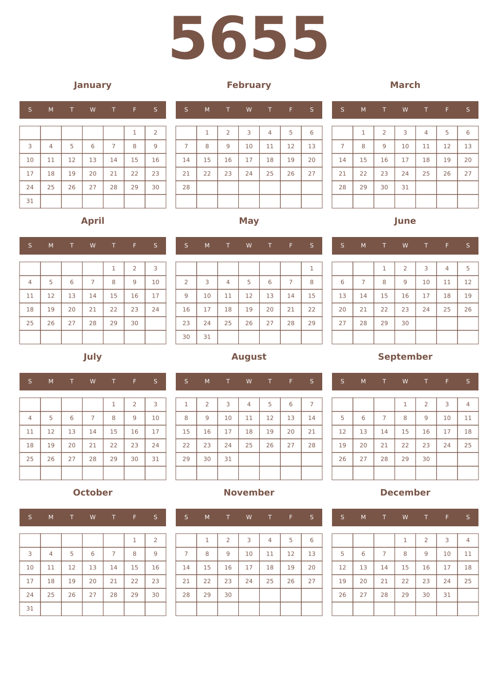 Printable 5655 Year Calendars coffe