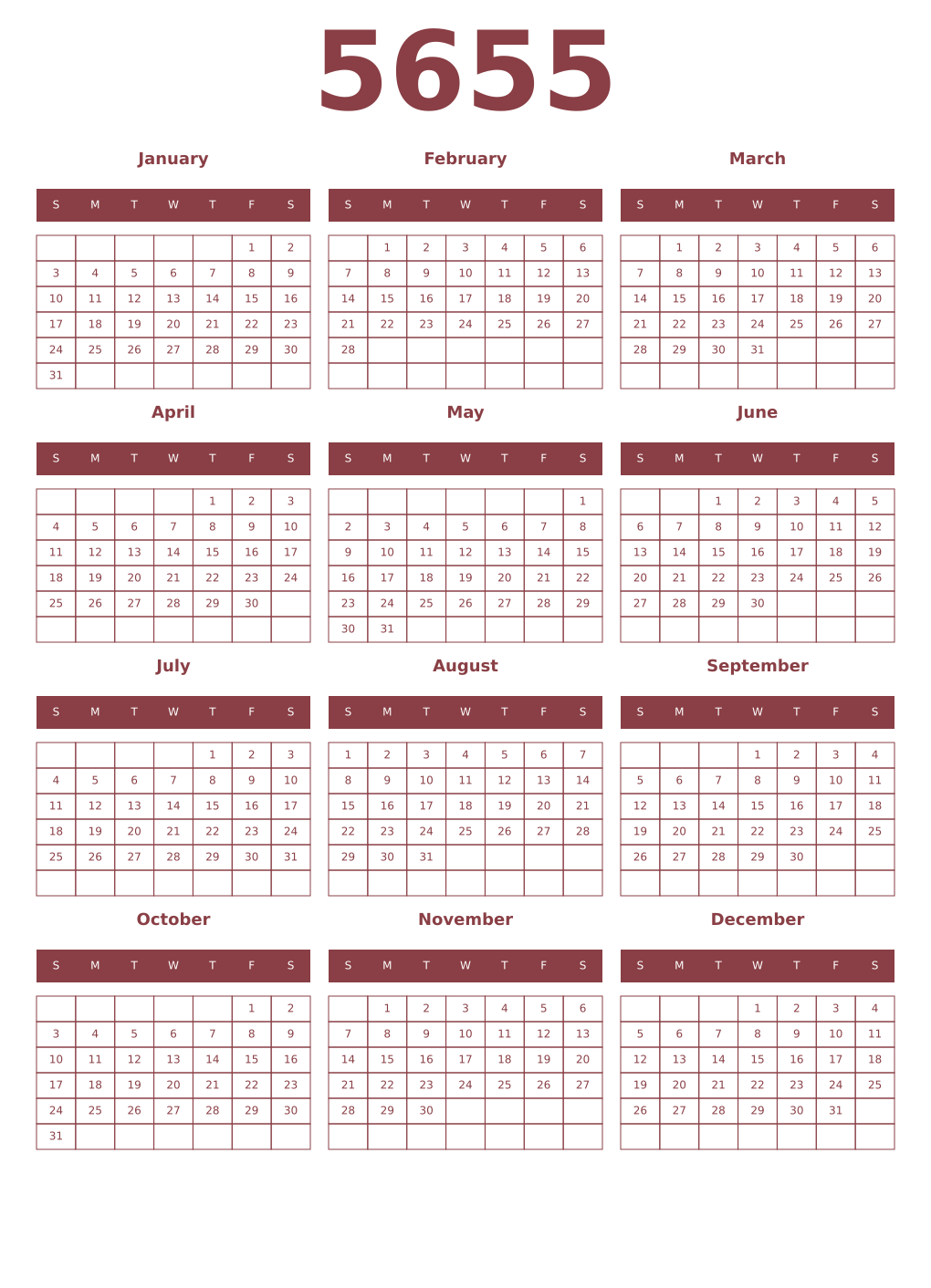 Printable 5655 Year Calendars cordovan