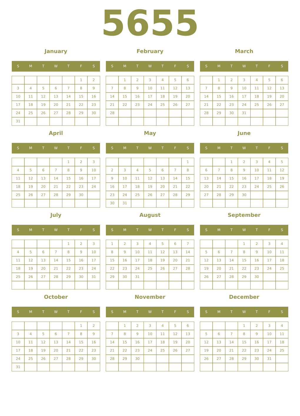 Printable 5655 Year Calendars eburnean