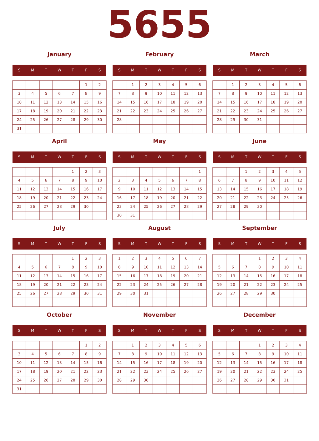 Printable 5655 Year Calendars falu