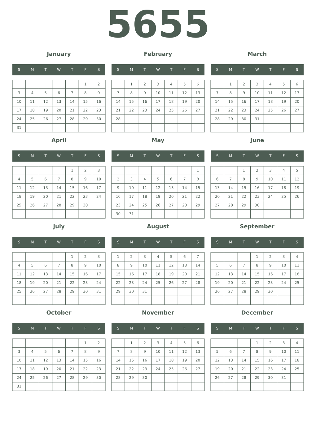 Printable 5655 Year Calendars feldgrau