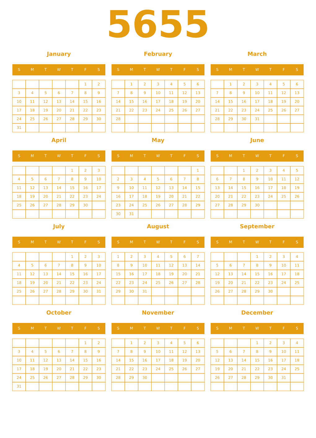 Printable 5655 Year Calendars gamboge