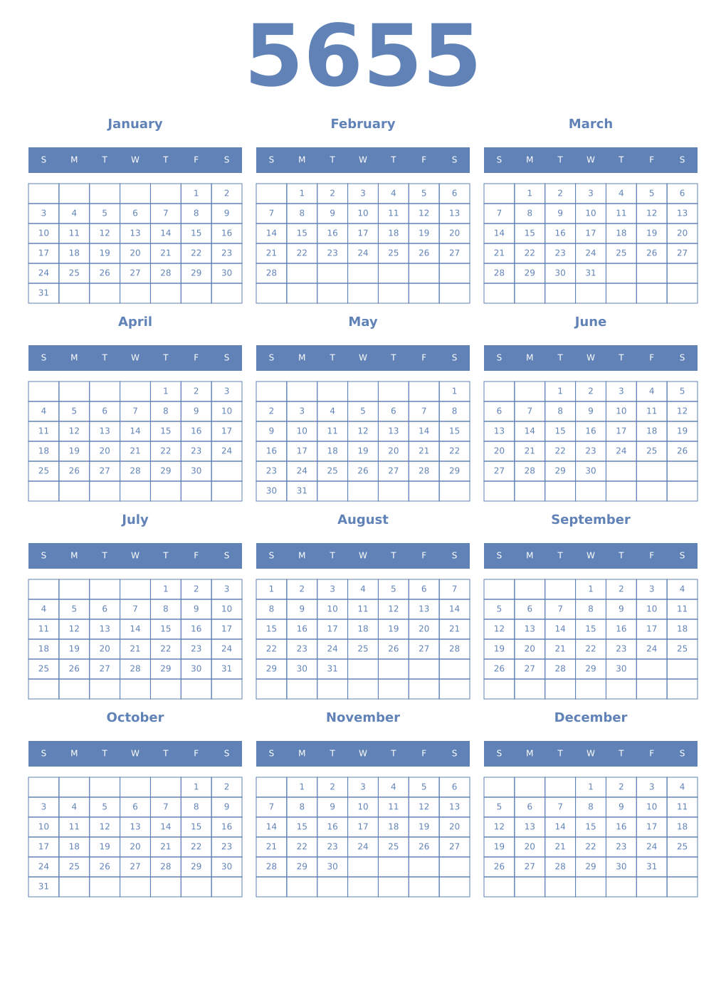Printable 5655 Year Calendars glaucous