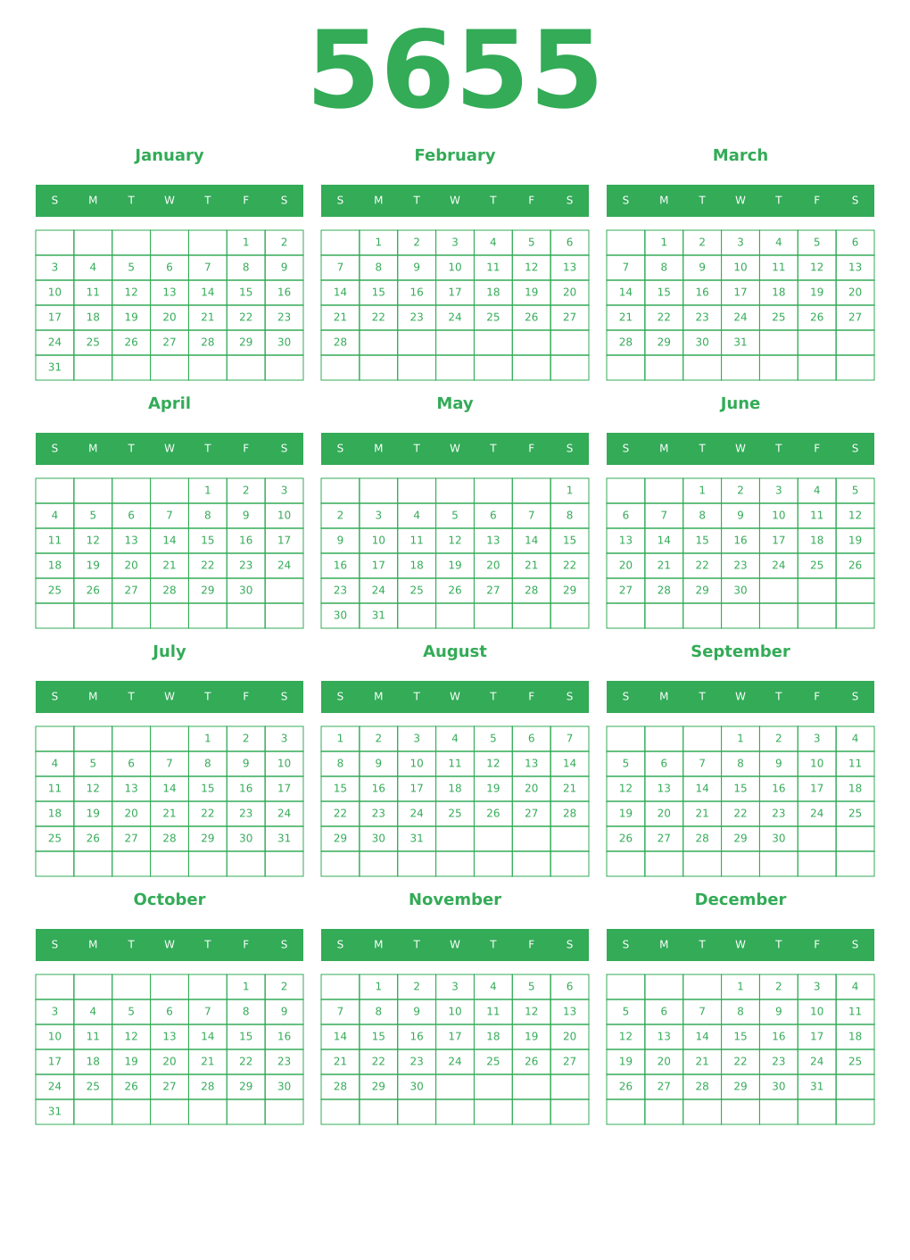 Printable 5655 Year Calendars green