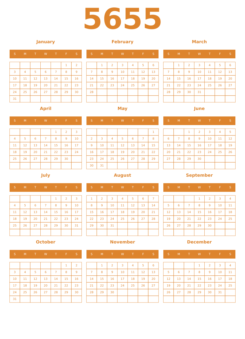 Printable 5655 Year Calendars orange