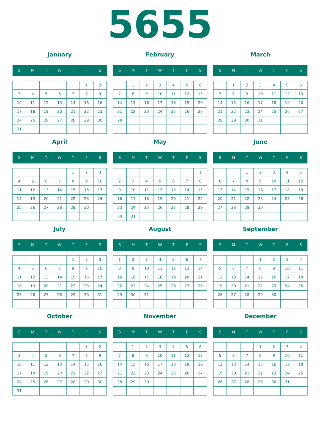 Printable 5655 Year Calendars pastel