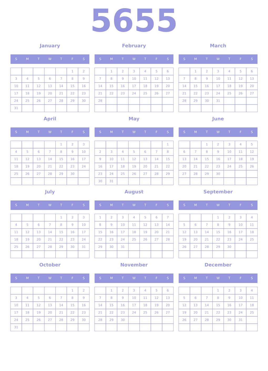 Printable 5655 Year Calendars periwinkle