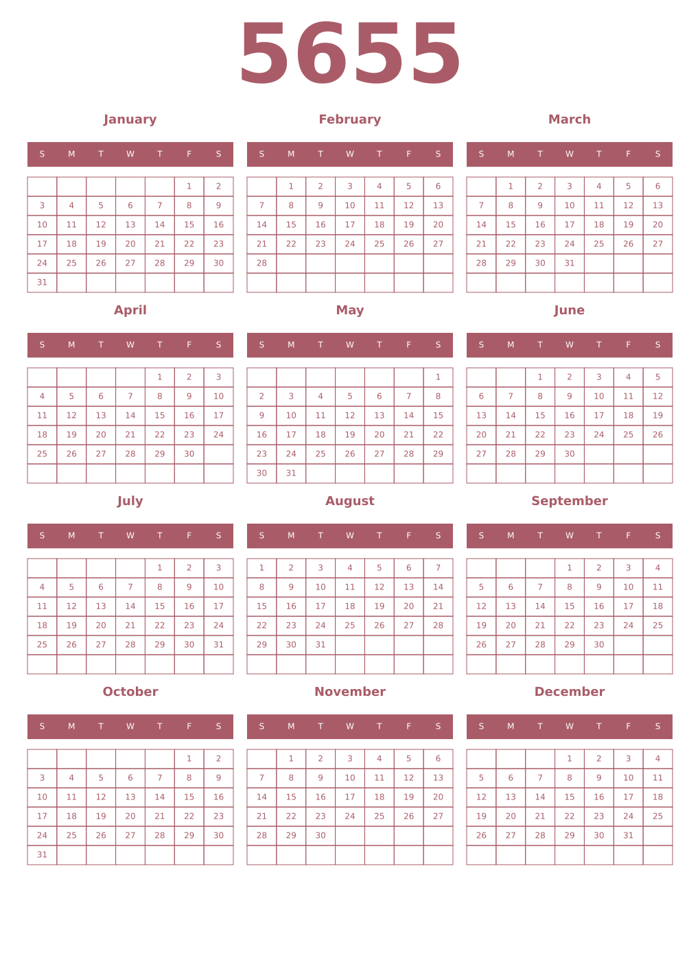 Printable 5655 Year Calendars puce