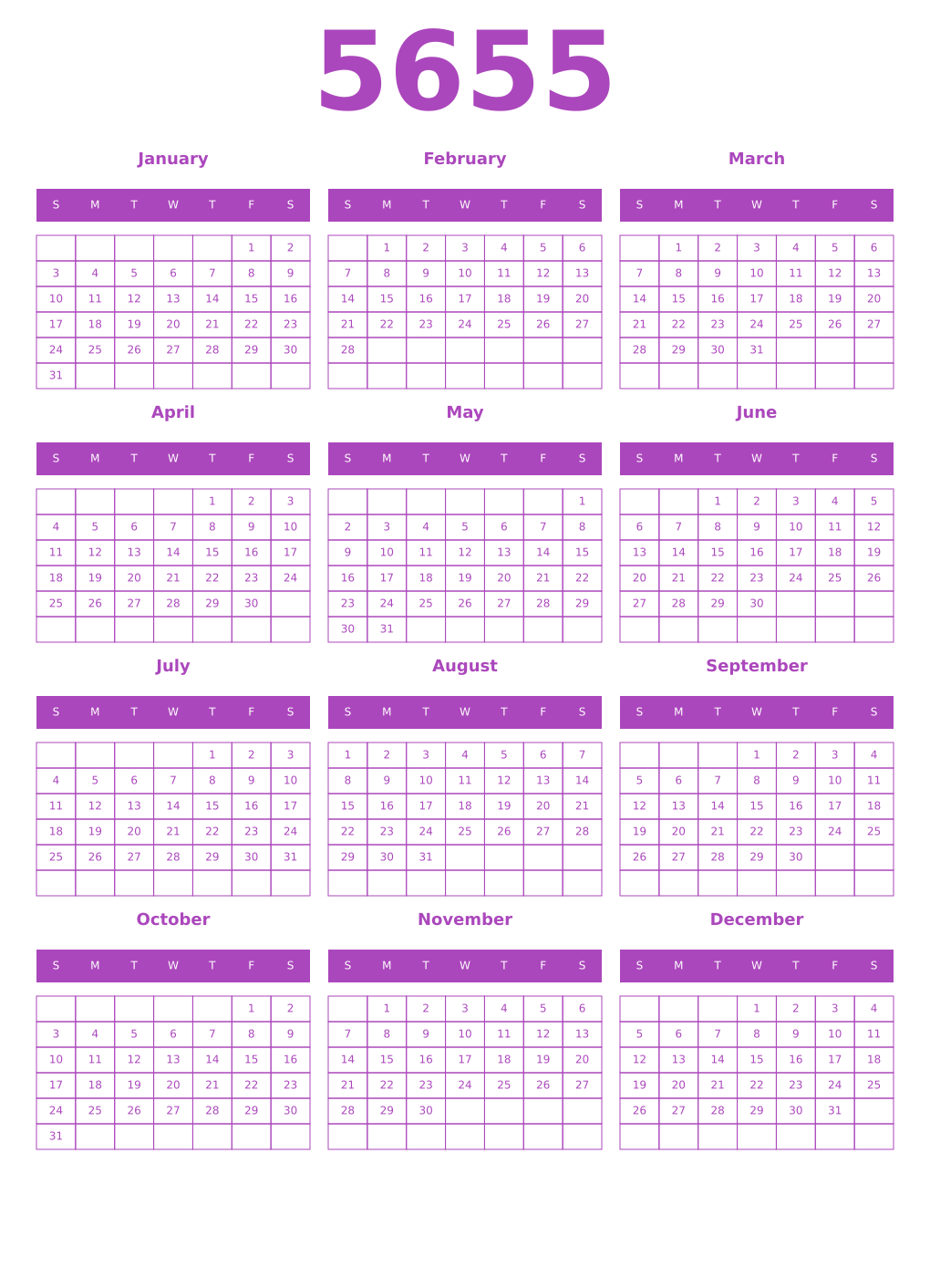 Printable 5655 Year Calendars purple