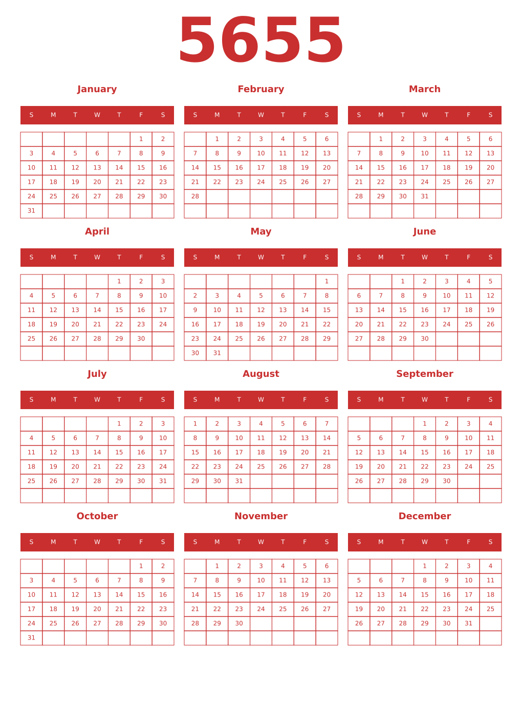 Printable 5655 Year Calendars red