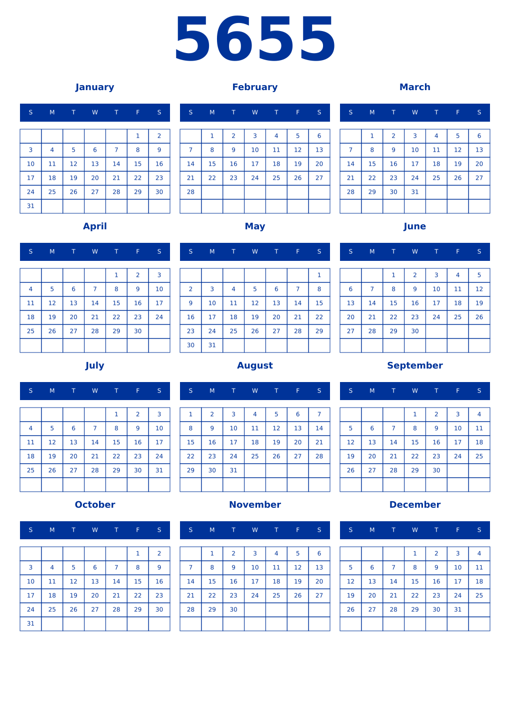 Printable 5655 Year Calendars smalt