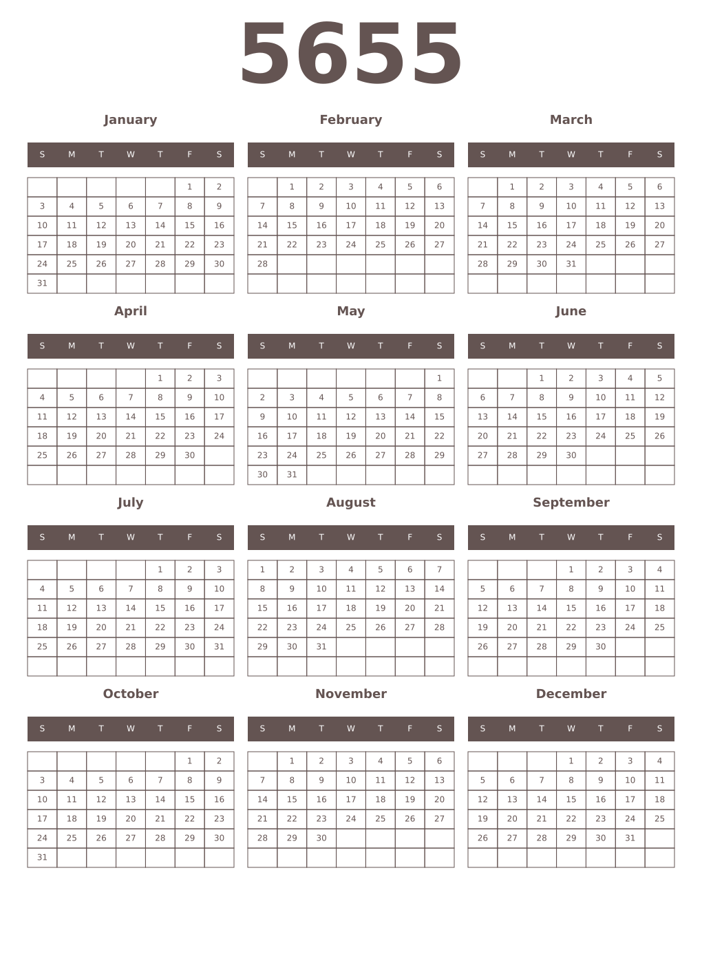 Printable 5655 Year Calendars wenge