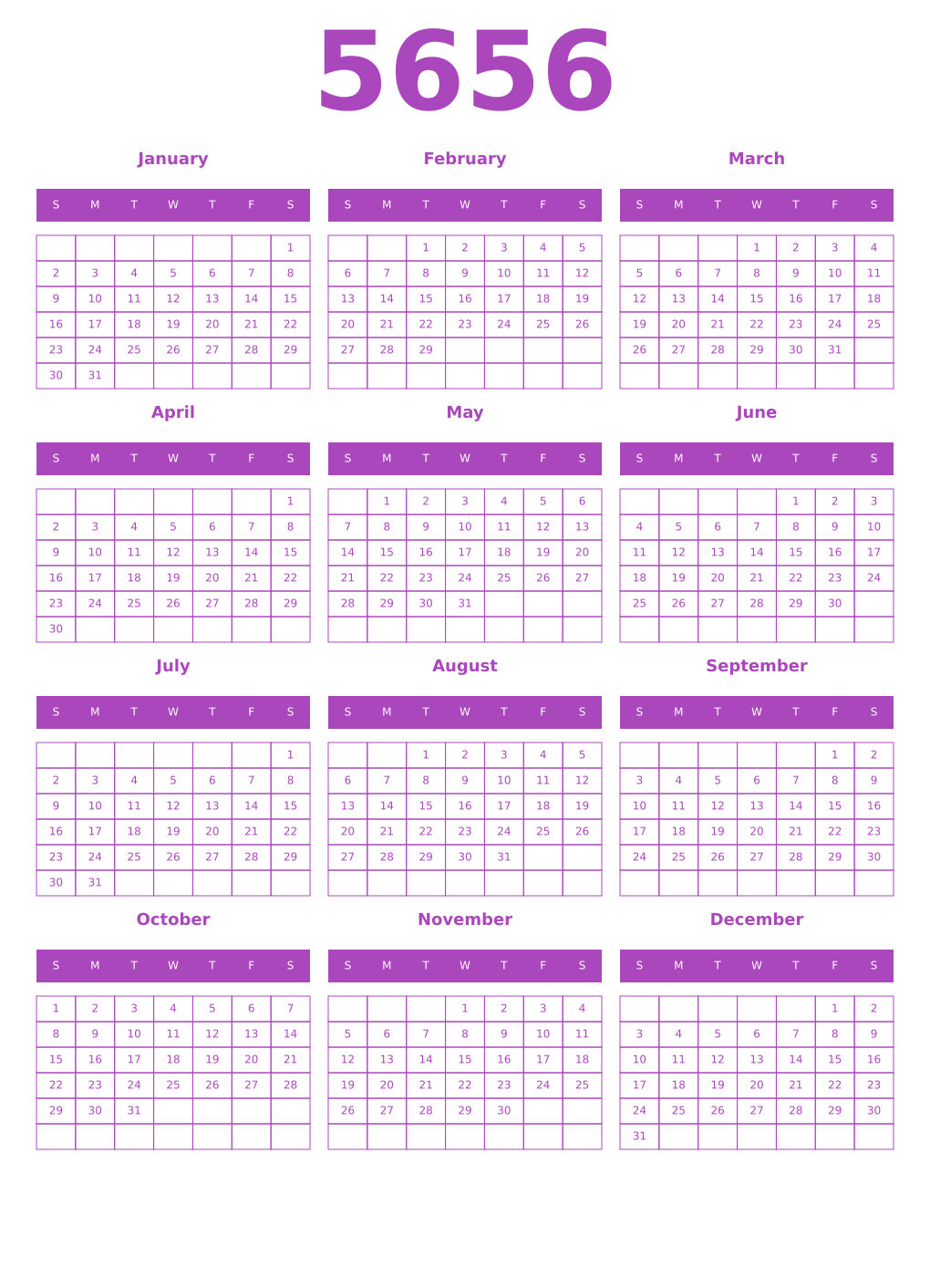 Printable 5656 Calendars