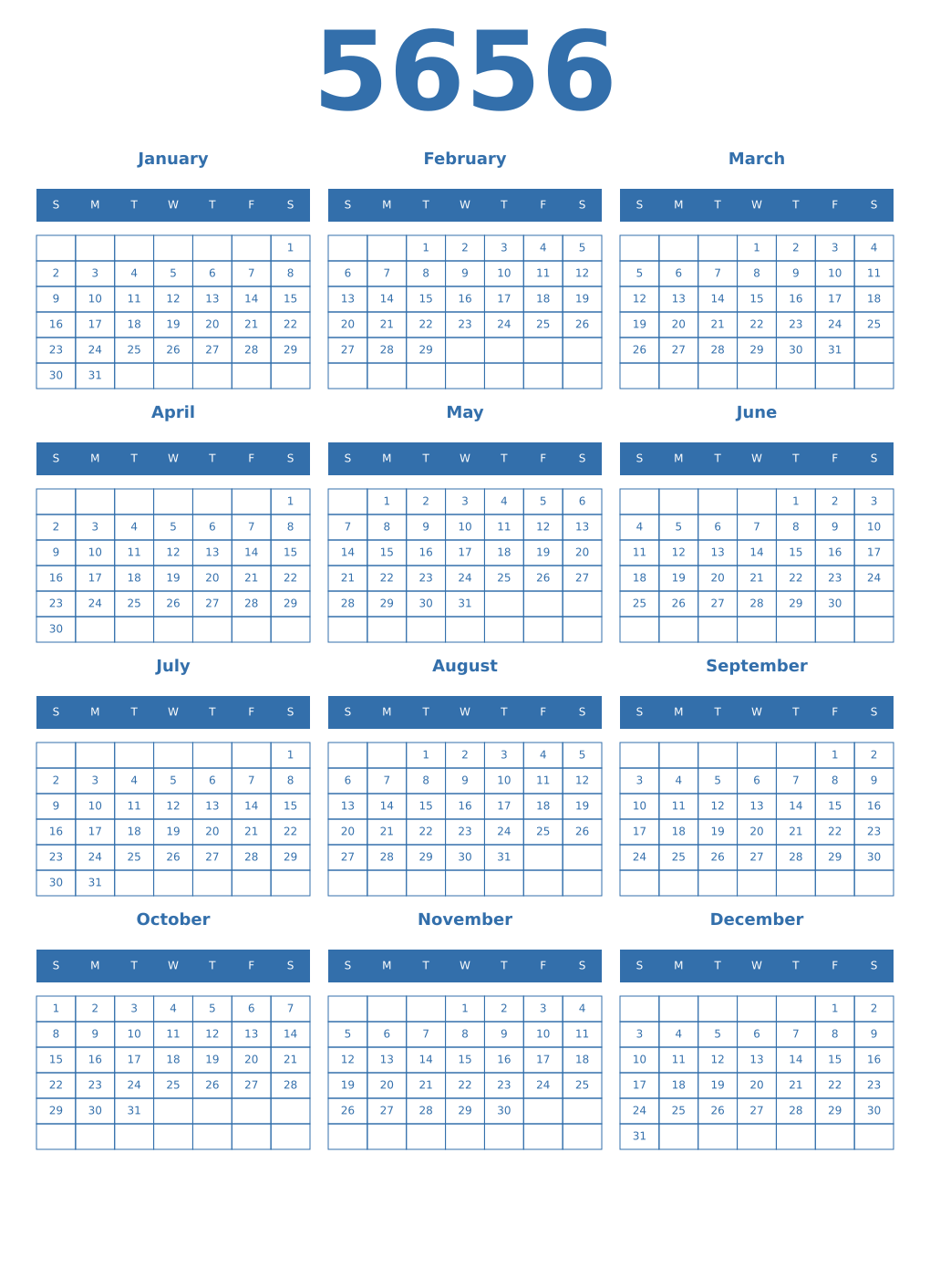 Printable 5656 Year Calendars blue