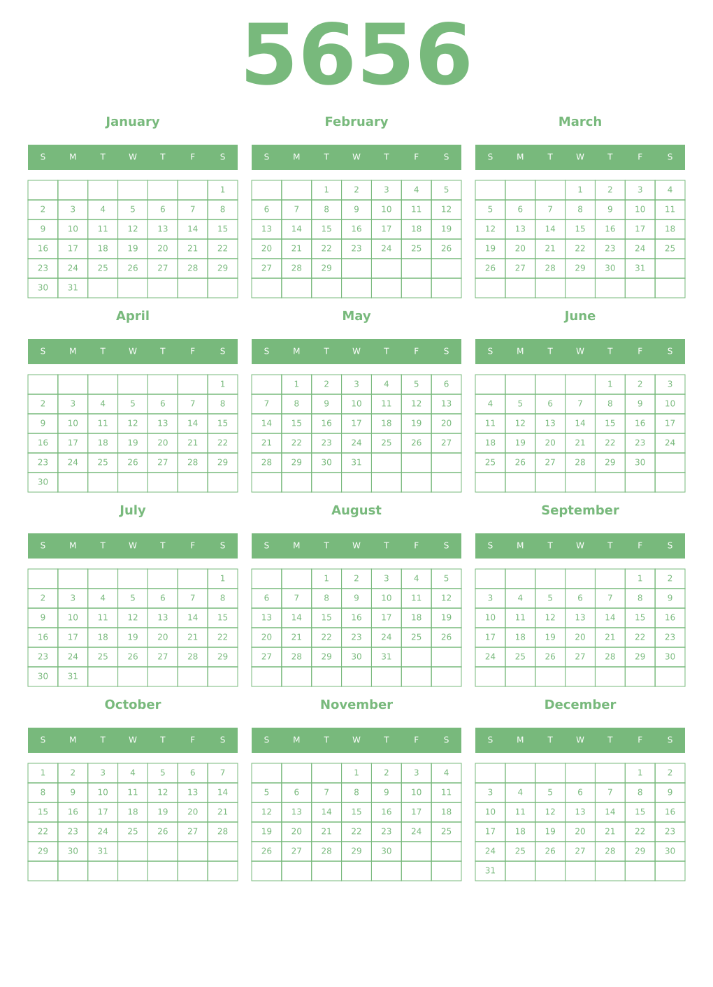 Printable 5656 Year Calendars celadon