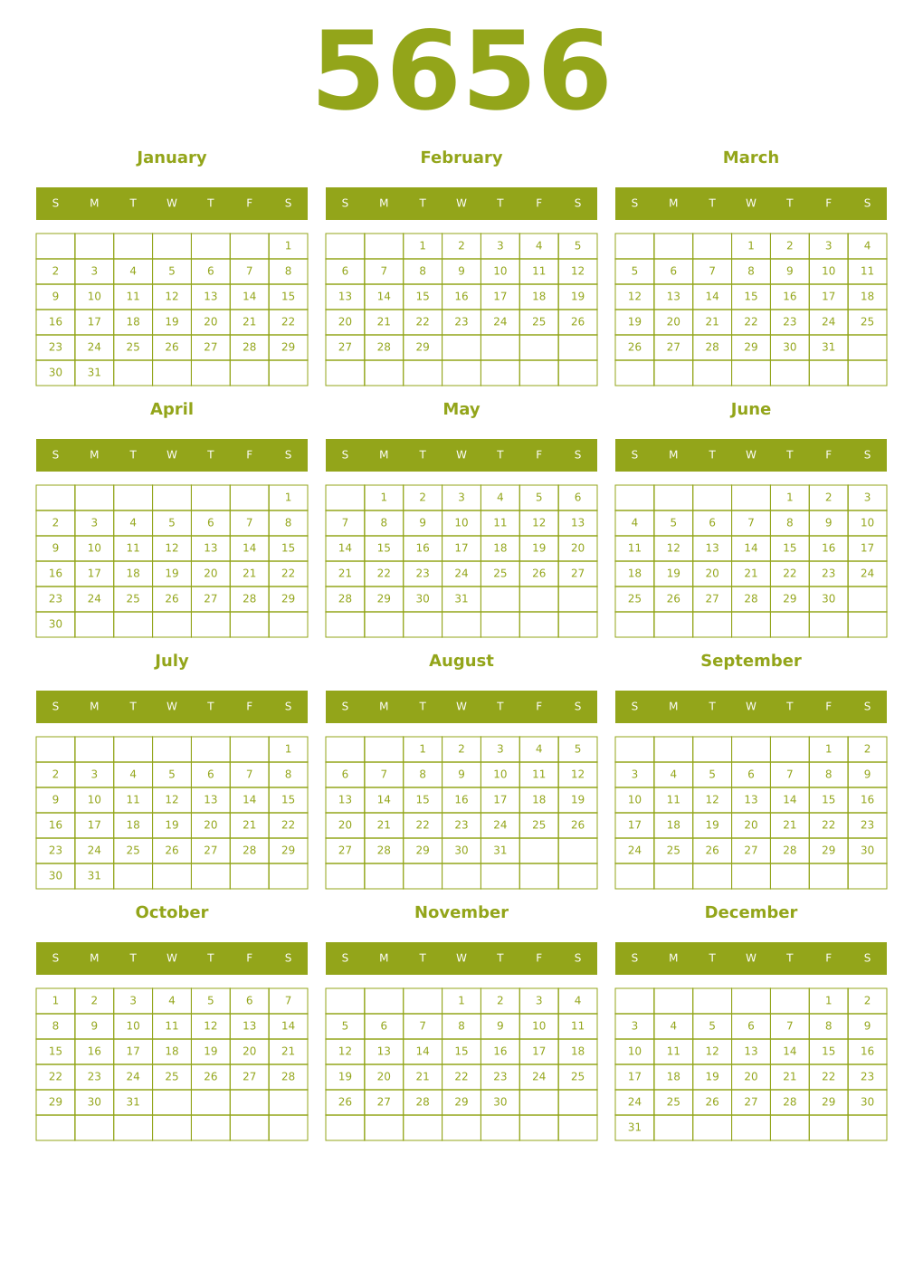 Printable 5656 Year Calendars chartreuse