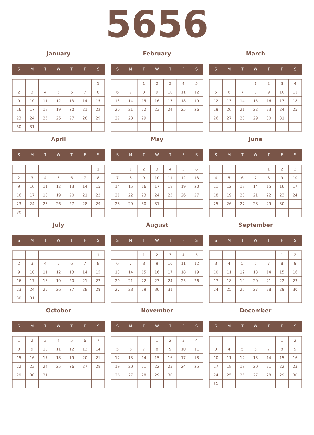 Printable 5656 Year Calendars coffe