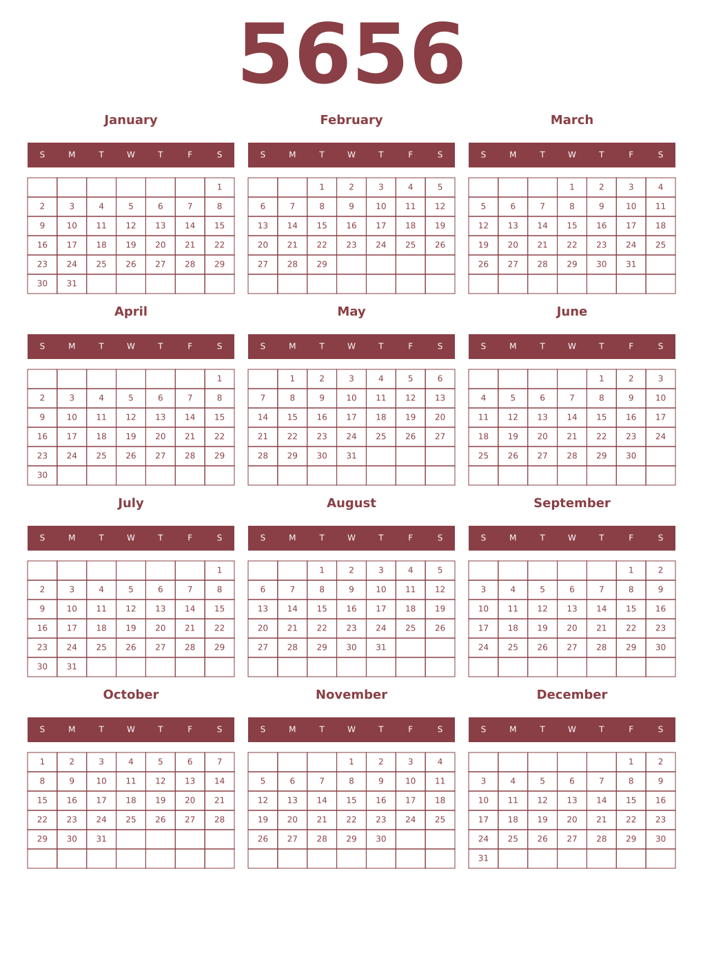 Printable 5656 Year Calendars cordovan