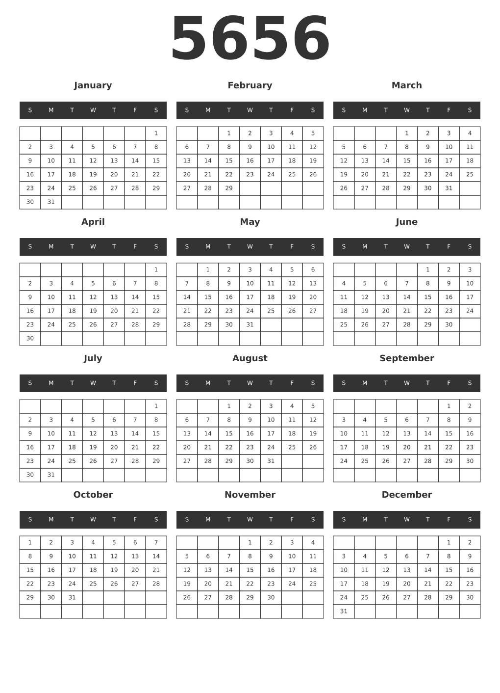 Printable 5656 Year Calendars dark
