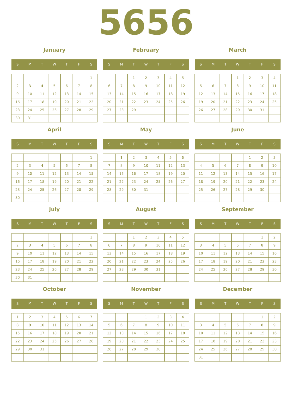 Printable 5656 Year Calendars eburnean
