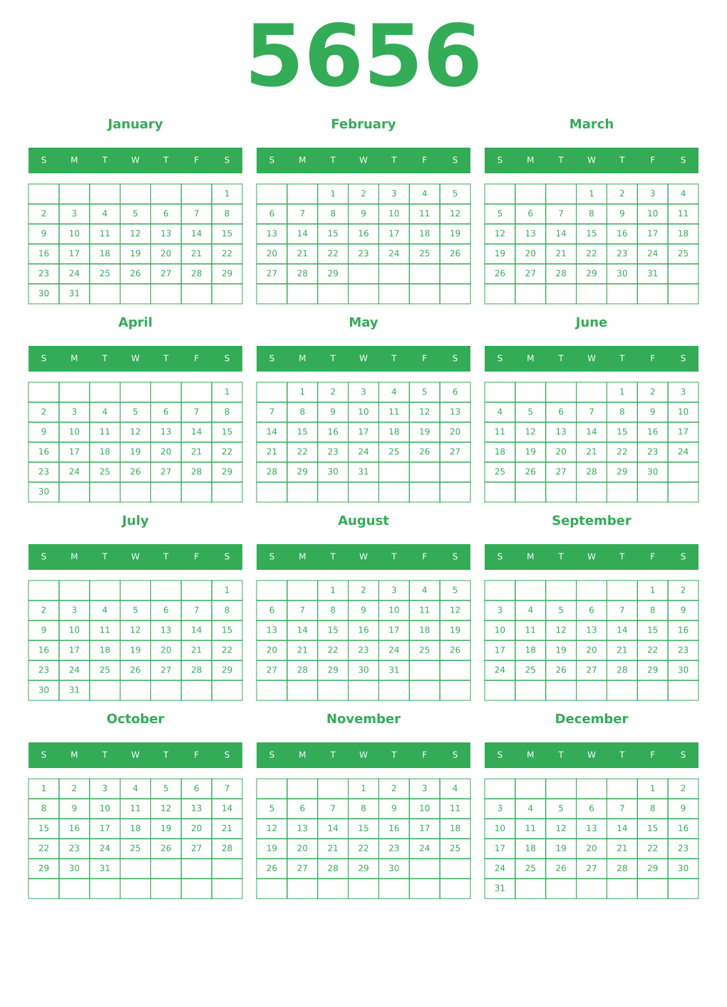Printable 5656 Year Calendars green