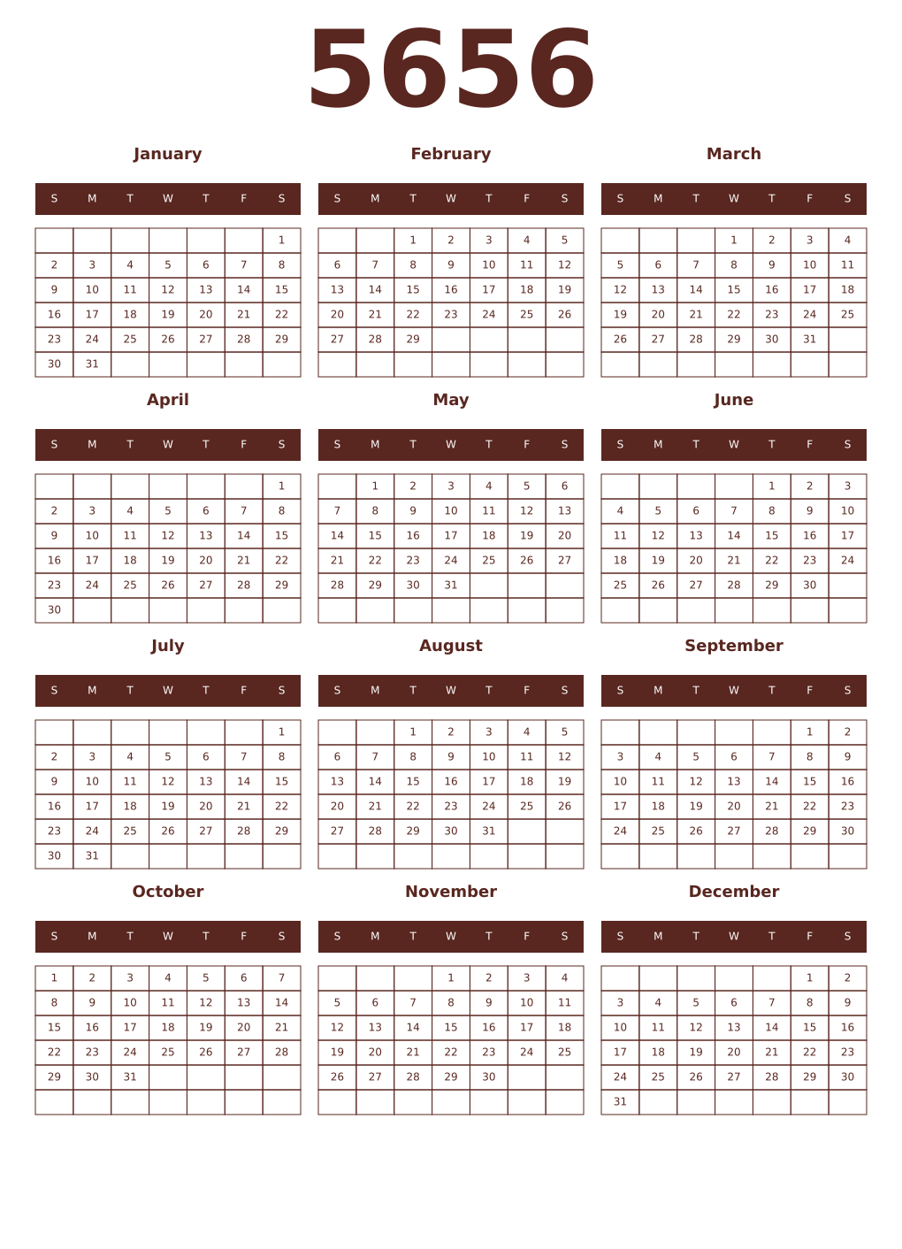 Printable 5656 Year Calendars mortuum