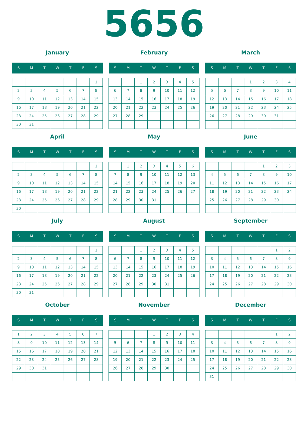 Printable 5656 Year Calendars pastel