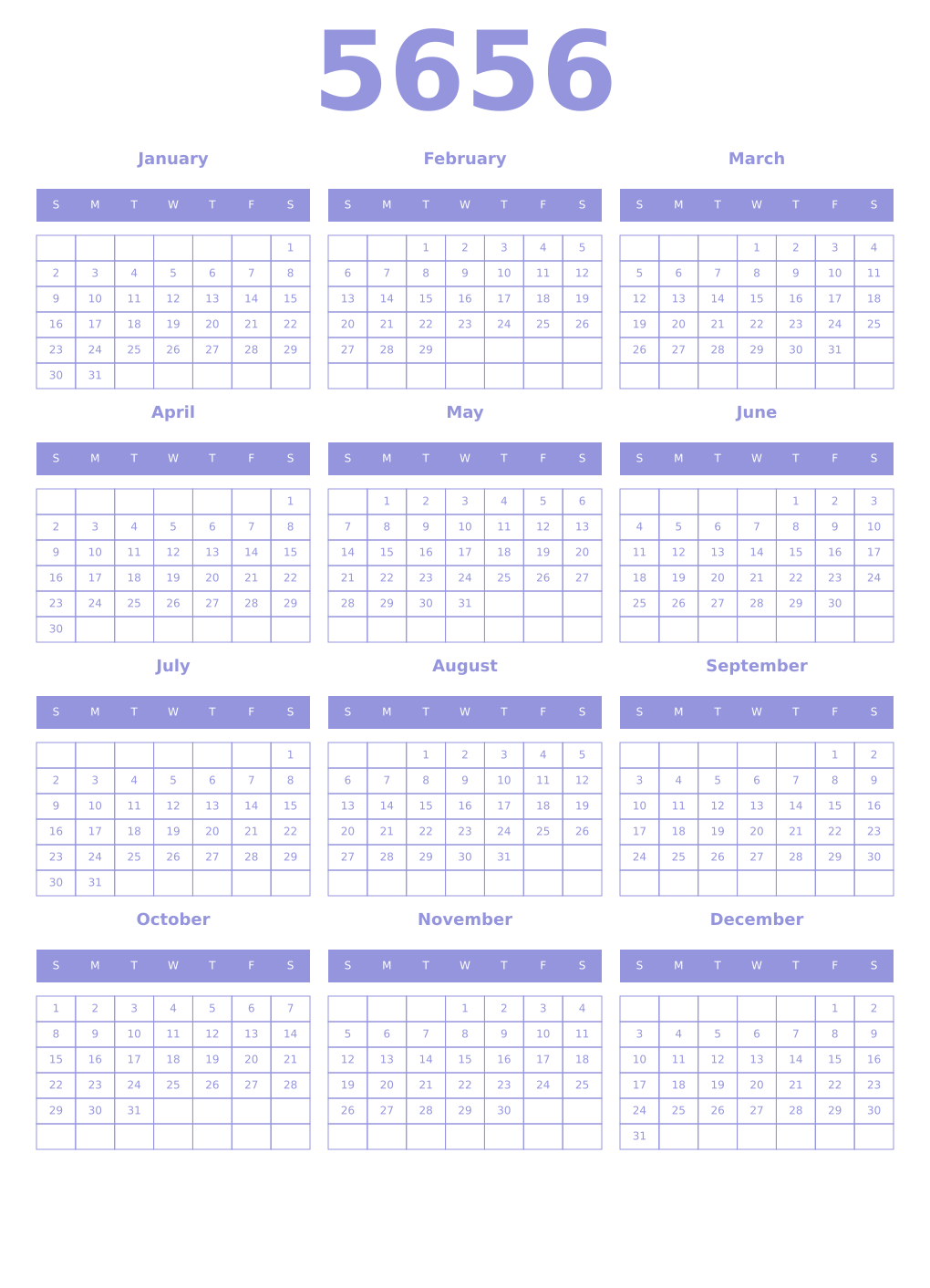 Printable 5656 Year Calendars periwinkle