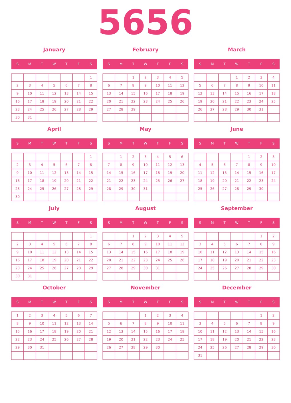 Printable 5656 Year Calendars pink