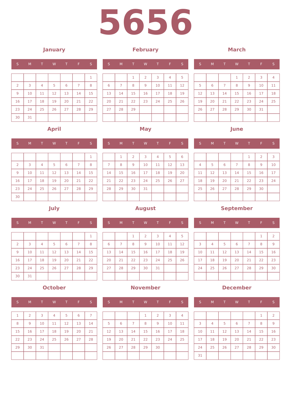 Printable 5656 Year Calendars puce