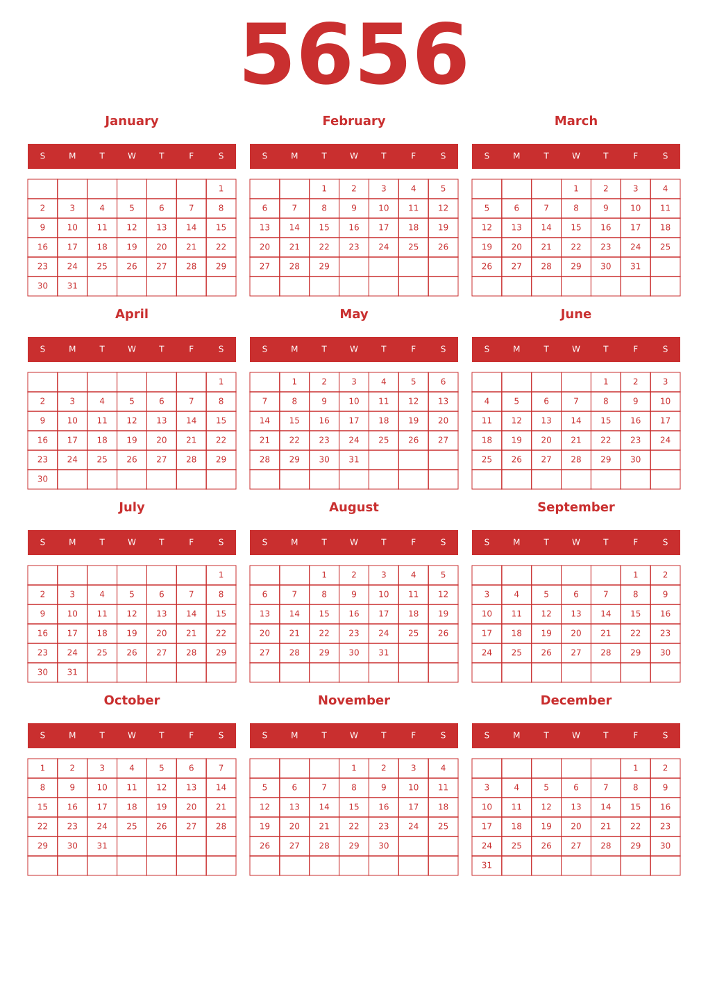 Printable 5656 Year Calendars red