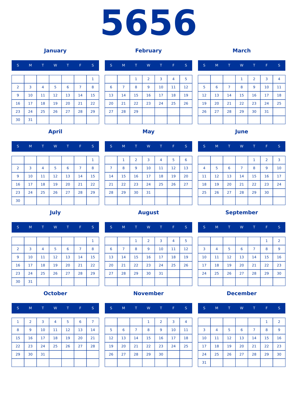 Printable 5656 Year Calendars smalt