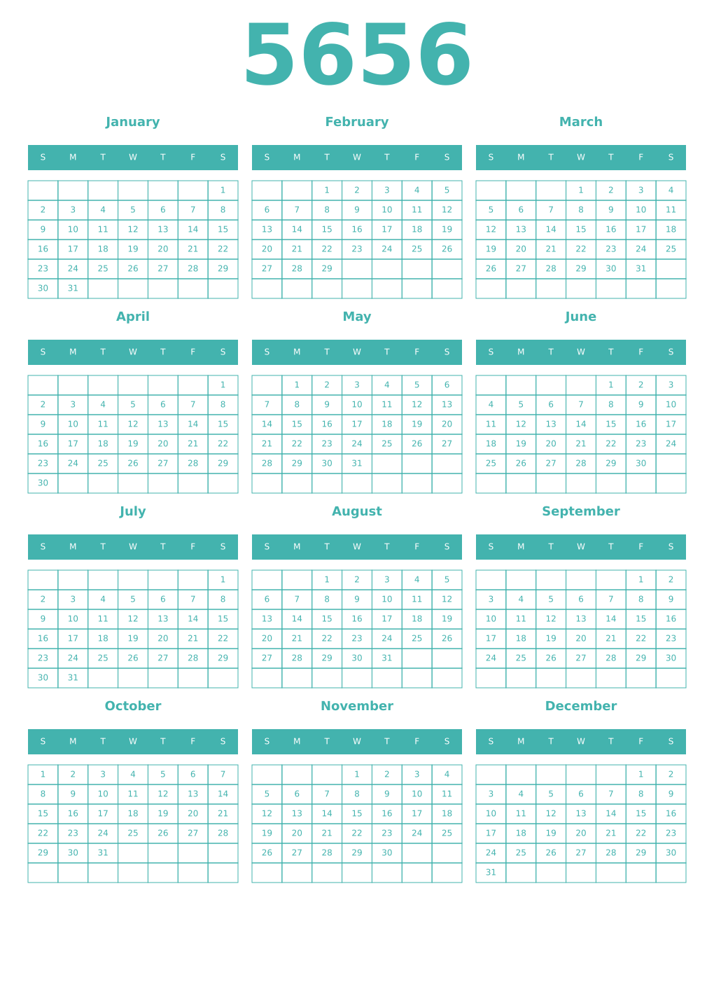 Printable 5656 Year Calendars verdigris