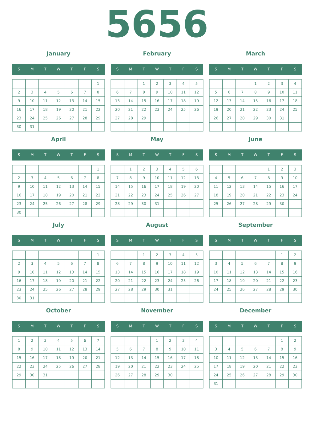 Printable 5656 Year Calendars viridian
