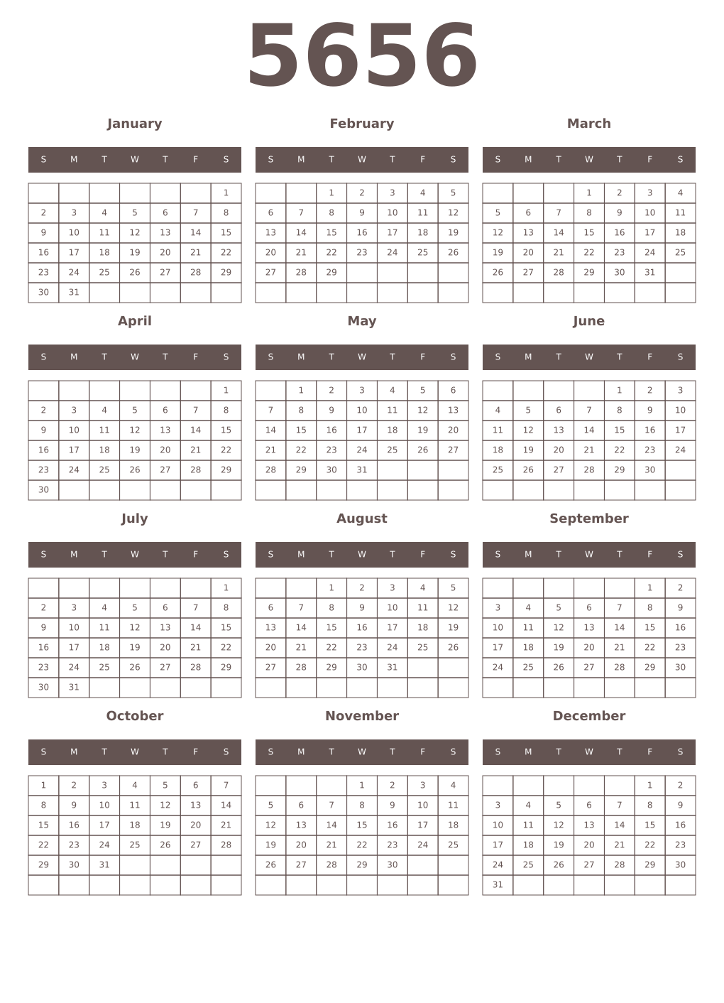 Printable 5656 Year Calendars wenge