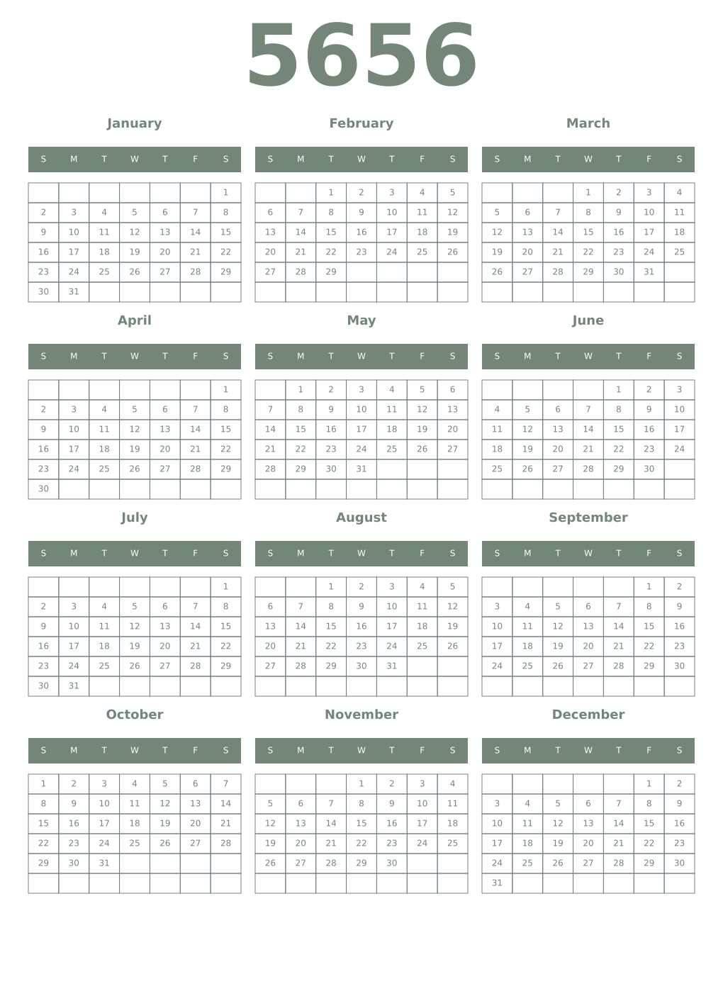 Printable 5656 Year Calendars xanadu