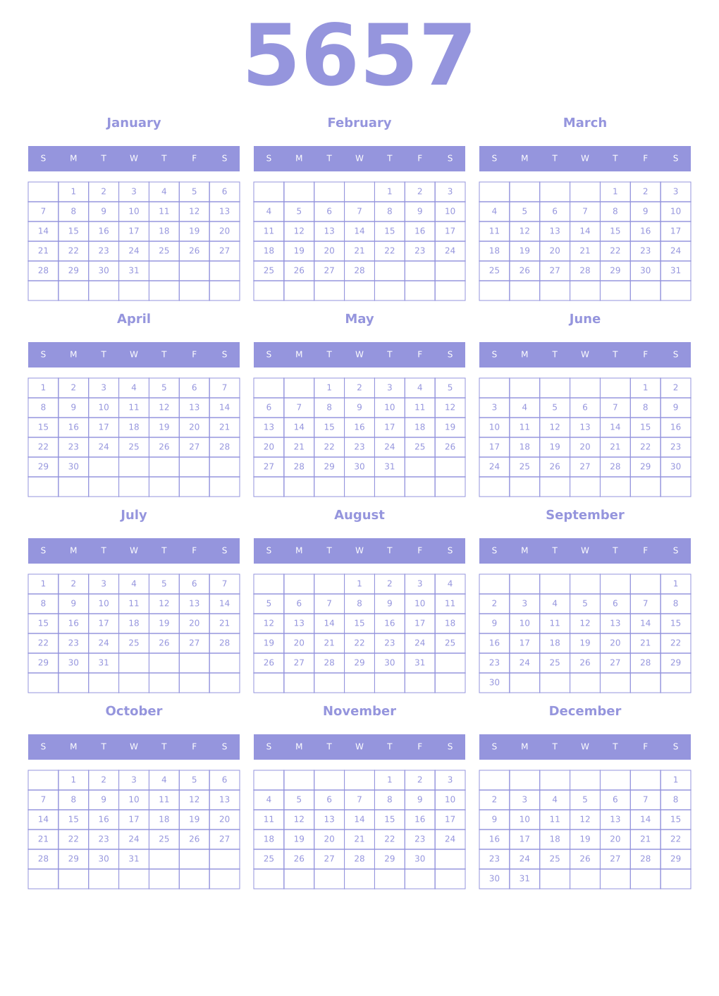 Printable 5657 Year Calendars periwinkle