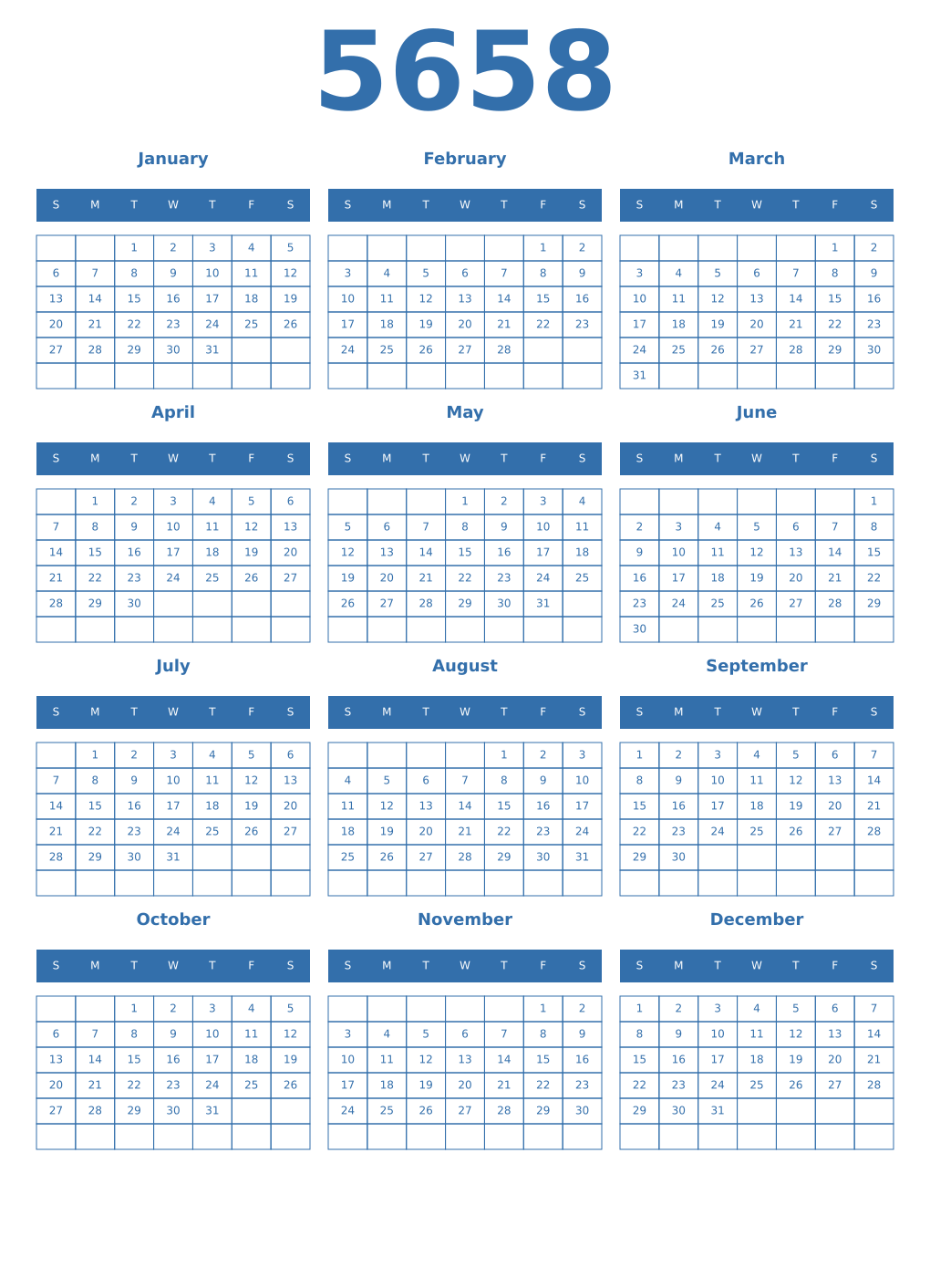Printable 5658 Year Calendars blue