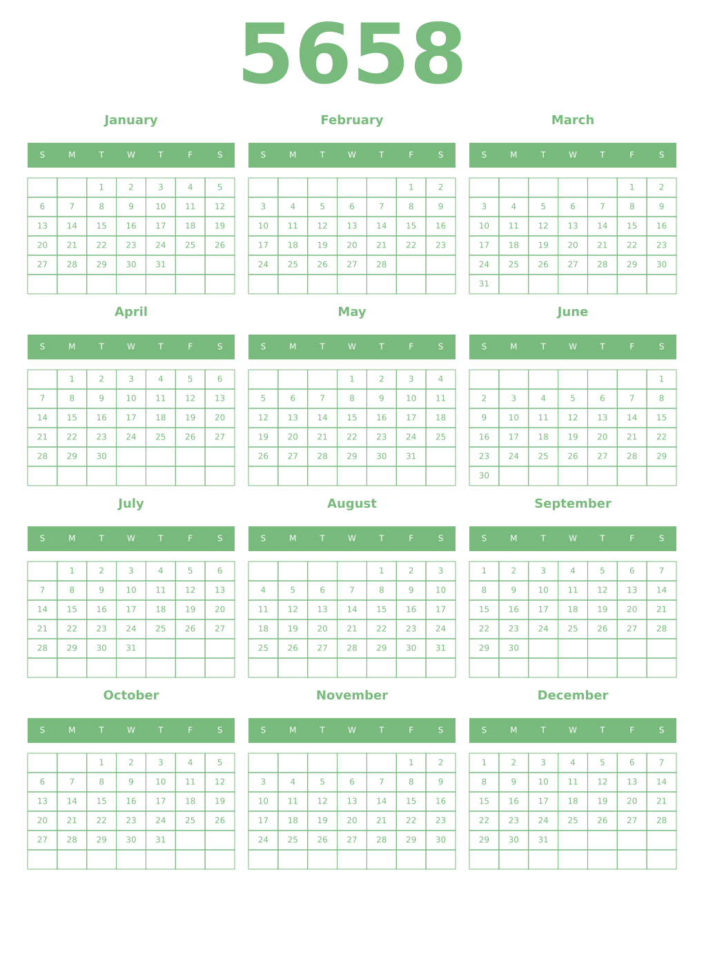 Printable 5658 Year Calendars celadon