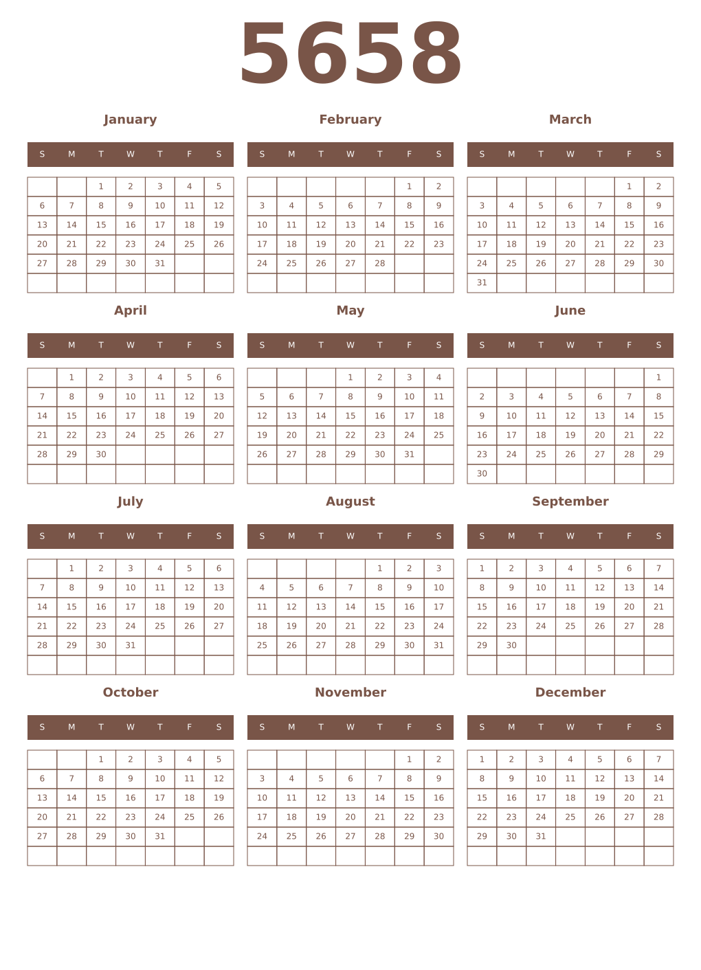Printable 5658 Year Calendars coffe