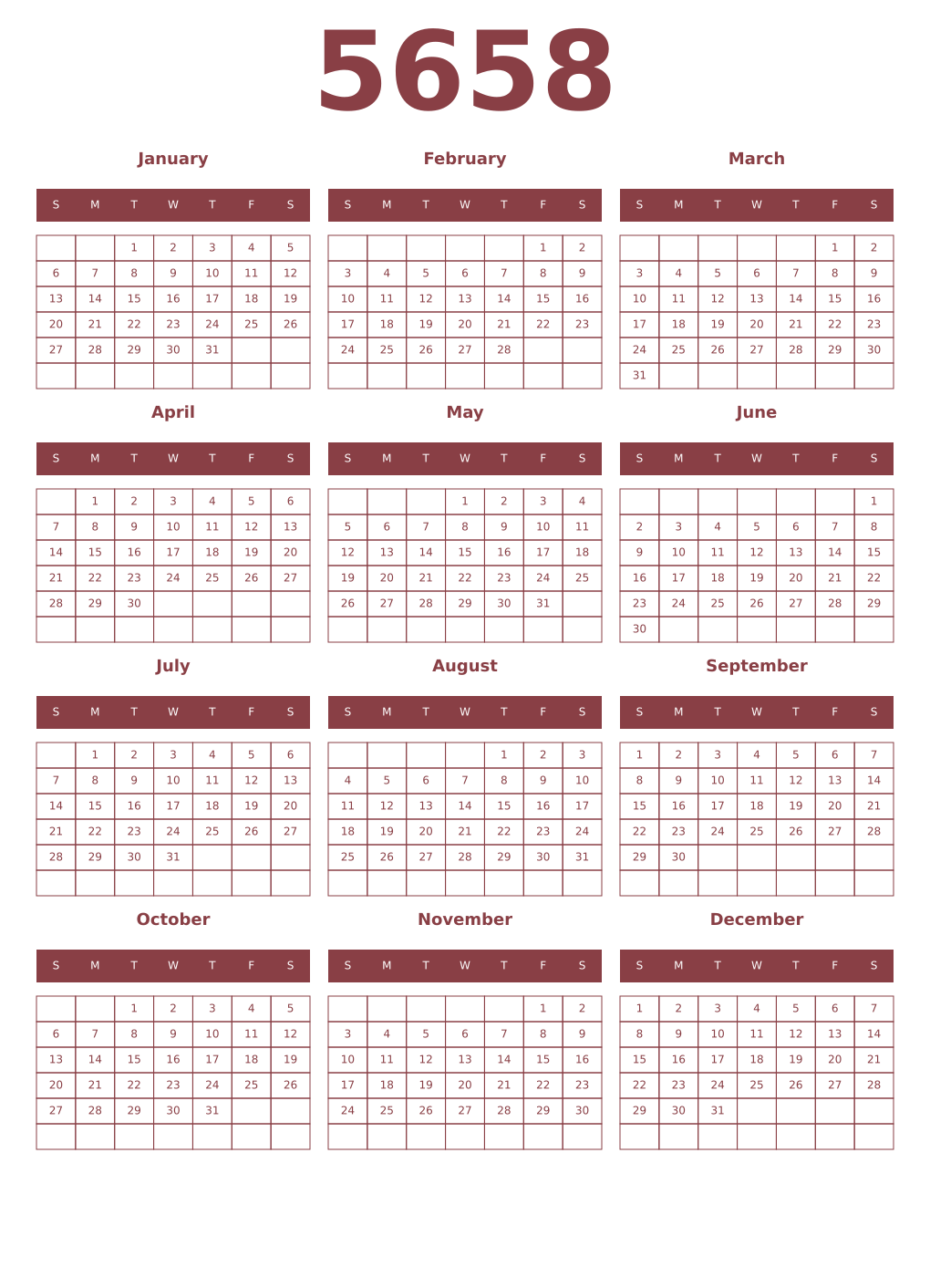 Printable 5658 Year Calendars cordovan