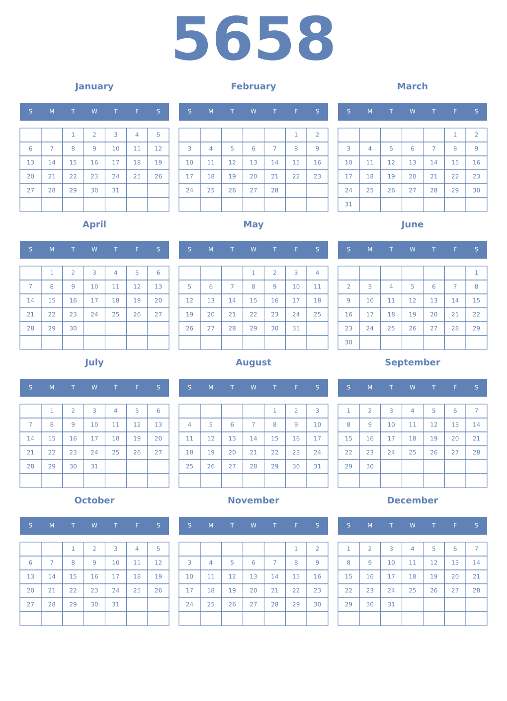 Printable 5658 Year Calendars glaucous