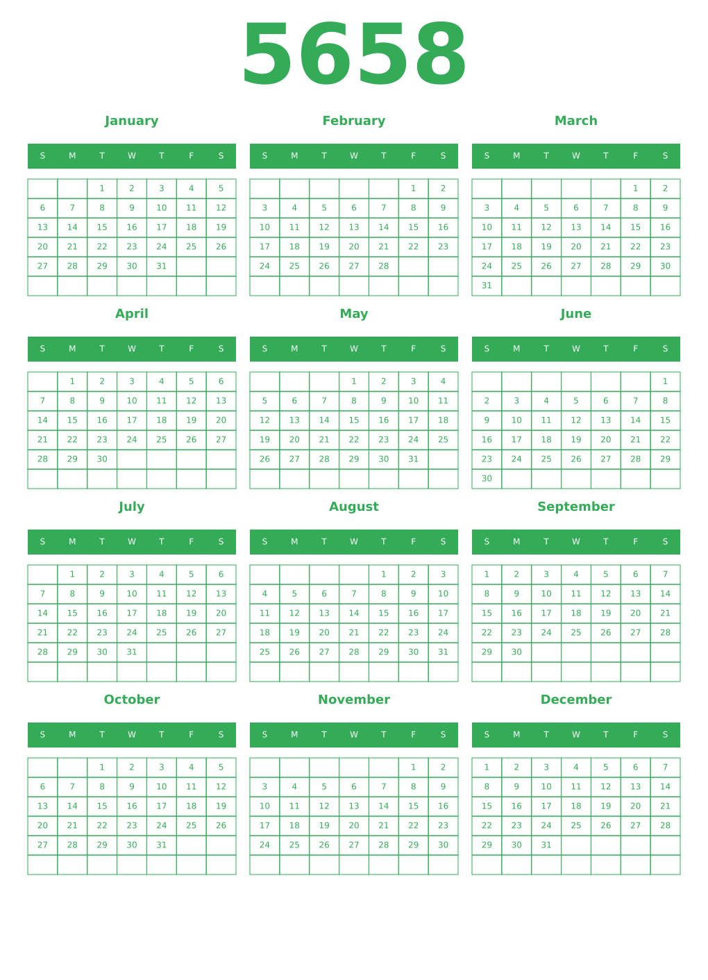 Printable 5658 Year Calendars green