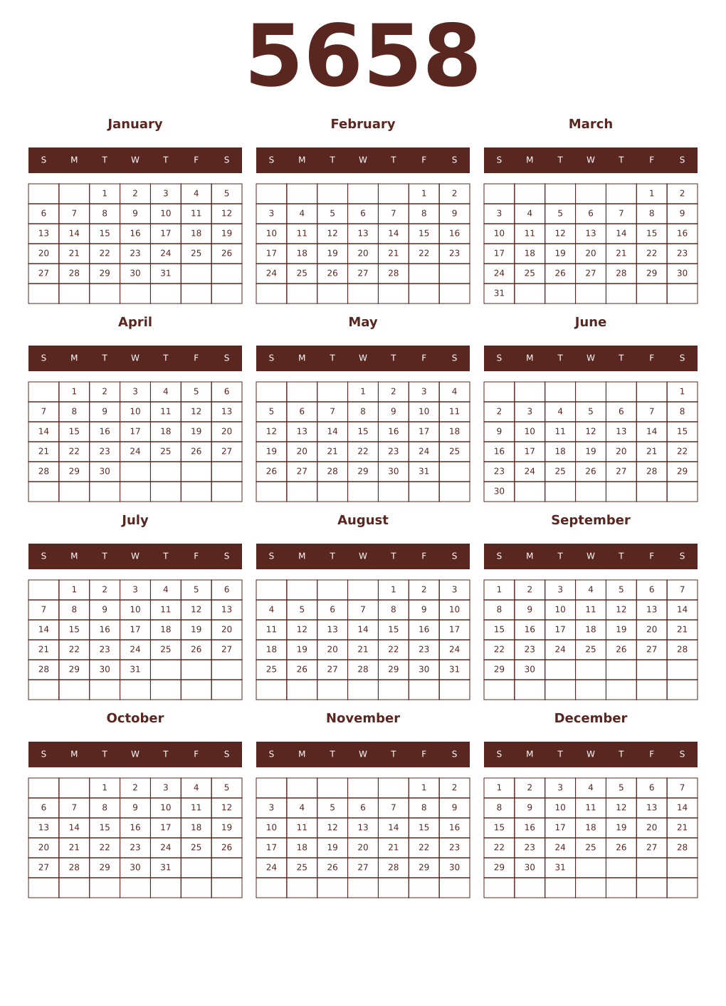 Printable 5658 Year Calendars mortuum