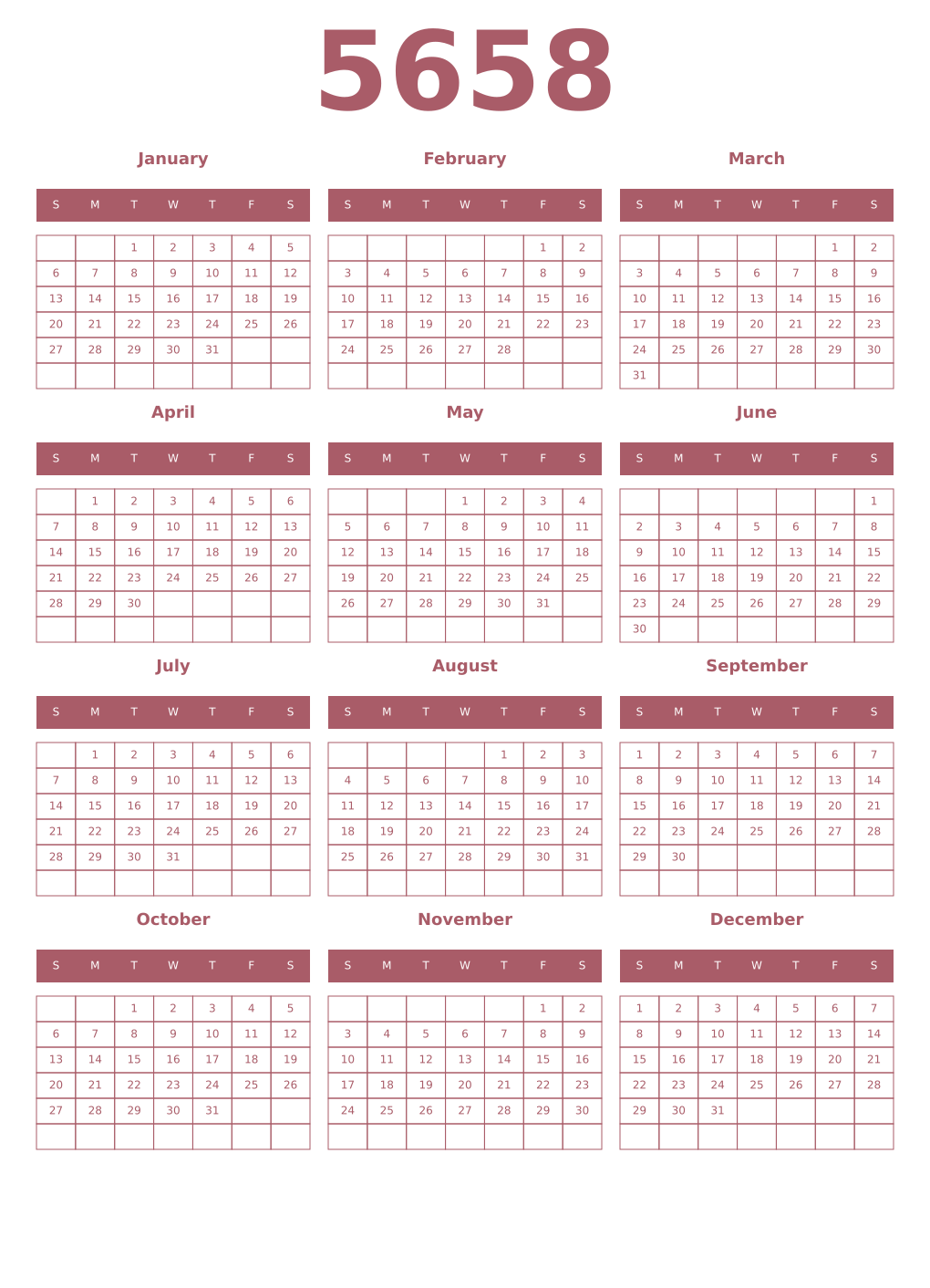 Printable 5658 Year Calendars puce