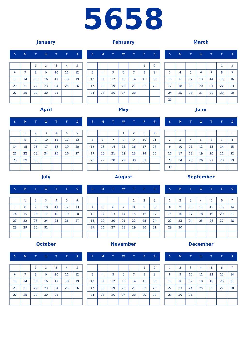 Printable 5658 Year Calendars smalt