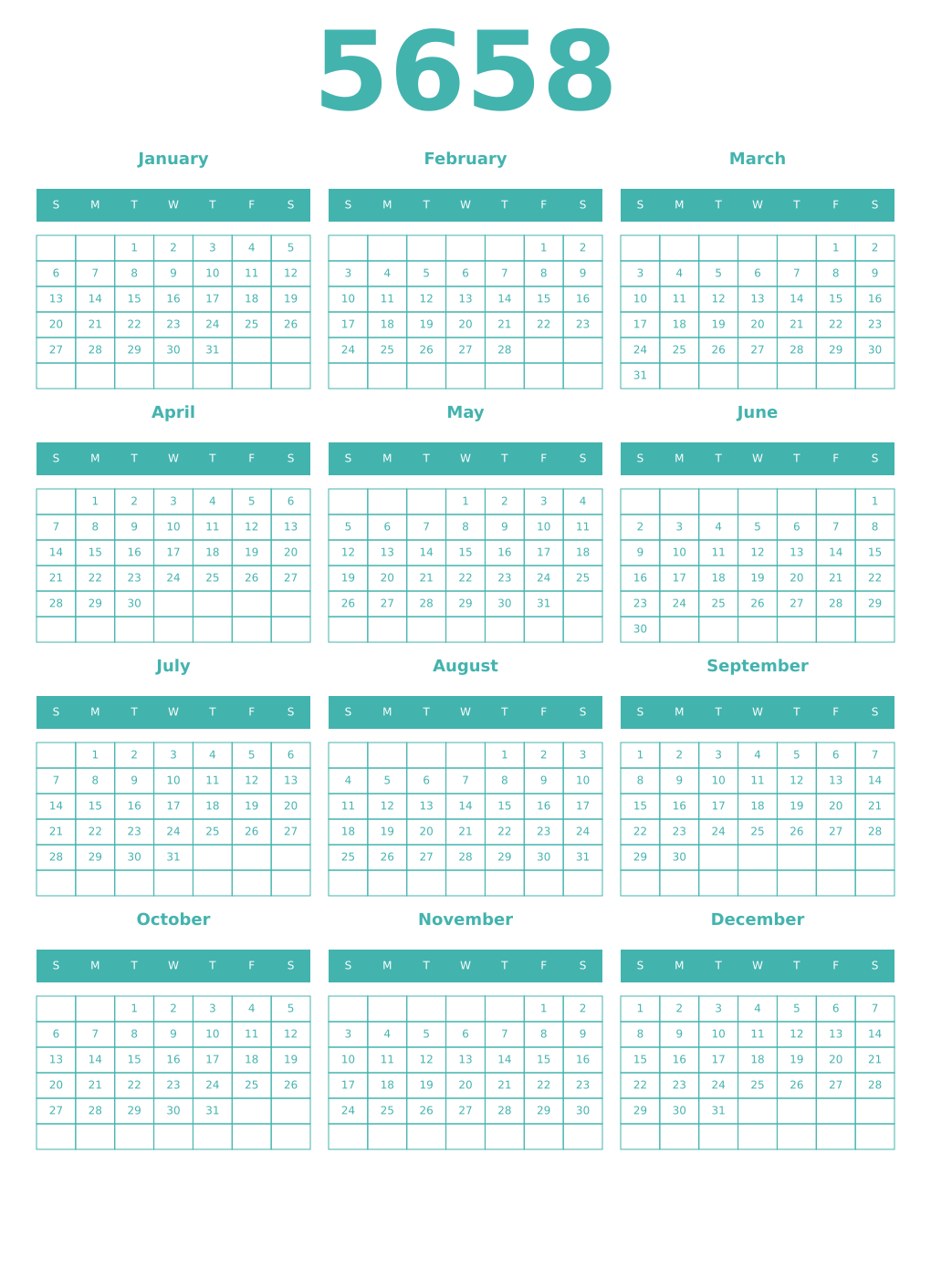 Printable 5658 Year Calendars verdigris