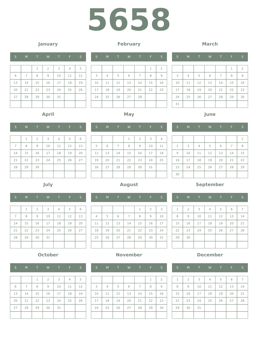 Printable 5658 Year Calendars xanadu